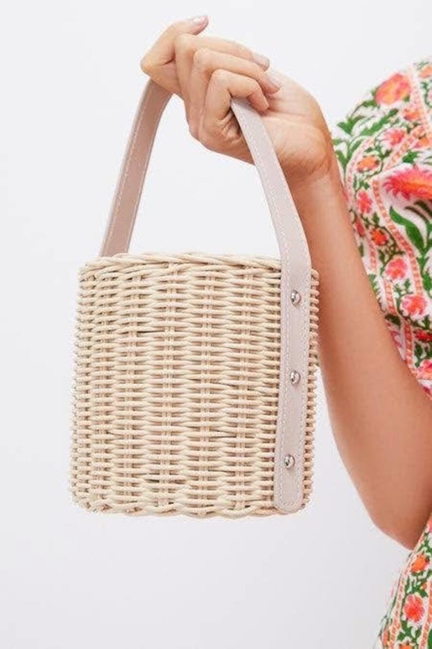 Wicker Wings LAN Rattan Bucket Bag Cream White Italian Leather Handwoven NWT